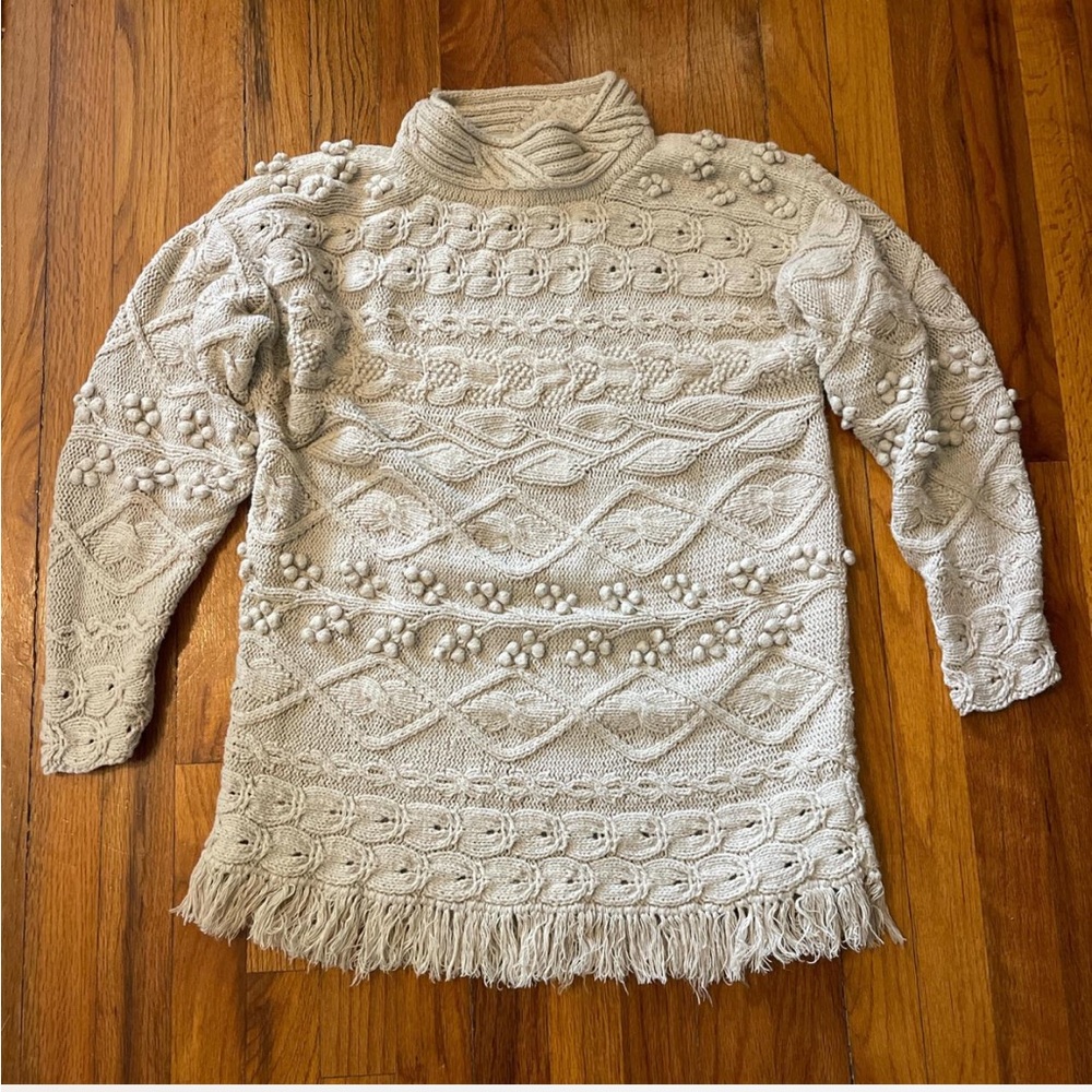 Cream Textured Pom-Pom Fringe Turtleneck Sweater